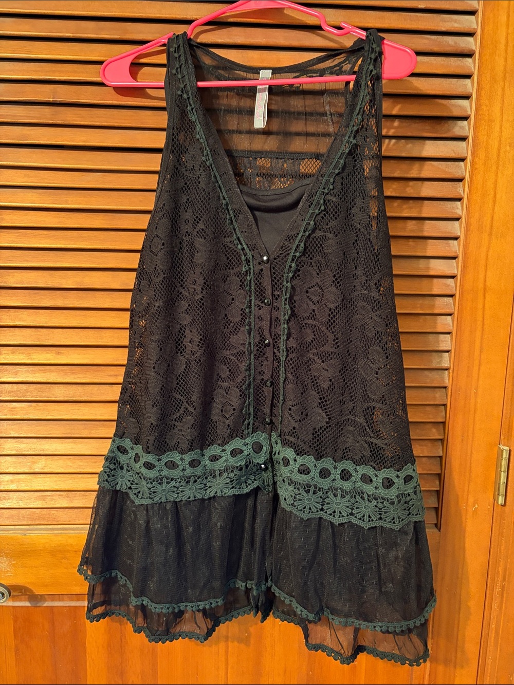 Black Lace Layered Tank Top with Green Trim
